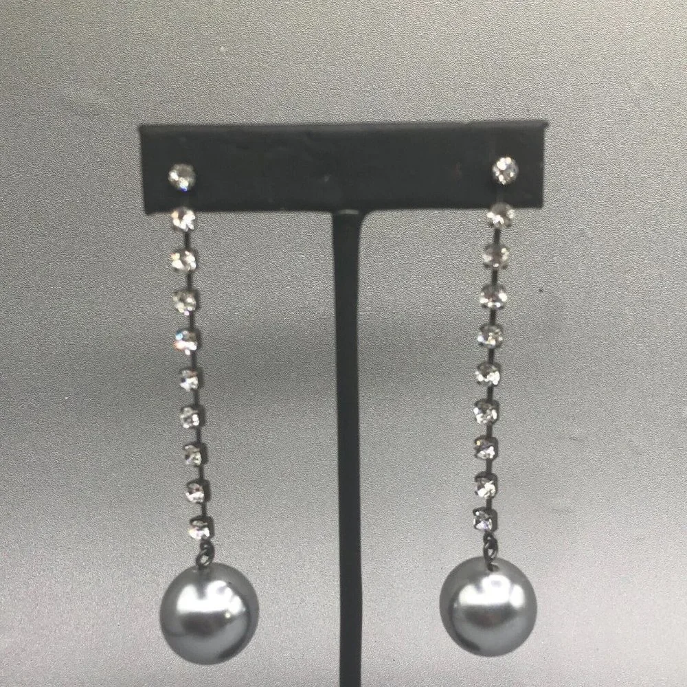 3 for $30 Rhinestone Dangle Faux Pearl Ball Earrings Gray Evening Long L…